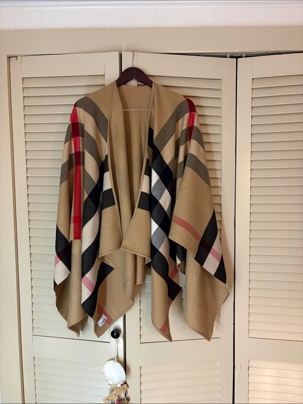 Burberry wool Camel Plaid Cape with Black, White and Red Accents